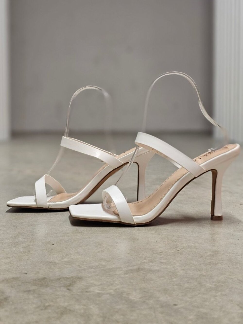 Square Toe White Strappy High Heel Sandals With Double Strap Design For Women
